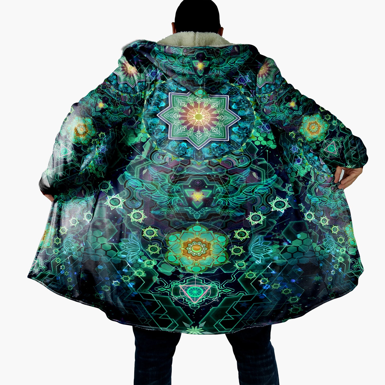 Yantric Geometry Cloak, Sacred Mandala Energy Coats, Mystic Geometric Light Cloak, Vibrant Spiritual Pattern Cloak, Celestial Yantra Cloak