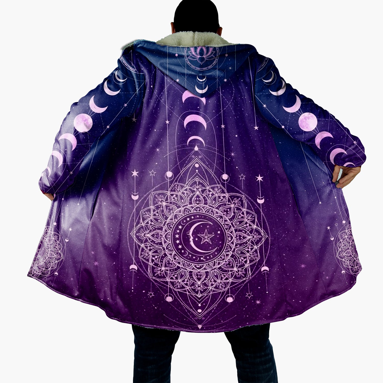 Mystic Lunar Mandala Cloak, Moon Phase Spiritual Cape, Celestial Lotus Hooded Cloak, Sacred Geometry Cosmic Outerwear, Boho Mystic Style