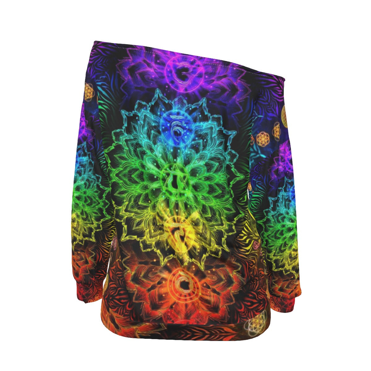 Sacred Chakra Mandala Off-Shoulder, Vibrant Rainbow Energy Healing Off-Shoulder, Spiritual Energy Symbol, Colorful Sacred Geometry Off-Shoulder, Mandala Off-Shoulder