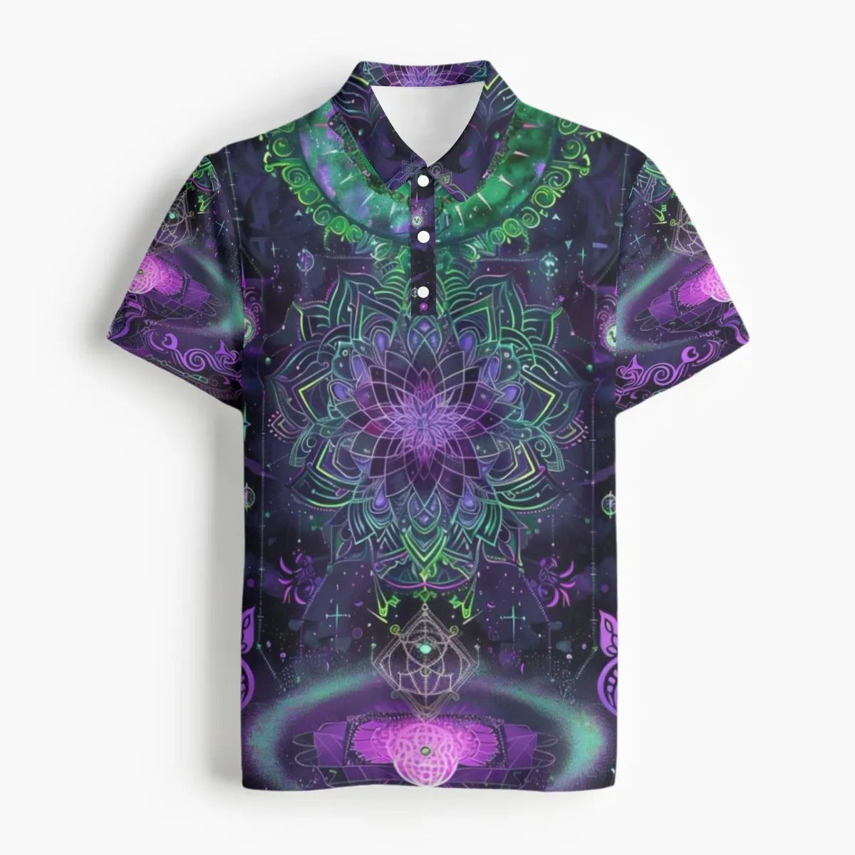 Mystic Aesthetic Polo Shirt, Sacred Geometry Shirt, Purple Green Top, Psychedelic Festival Wear, Spiritual Clothing, Boho Mystic Fashion, Men's Women Polo Tee