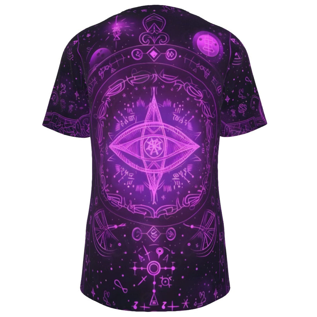 Mystical Fantasy T-Shirt, Arcane Magic Symbol T-Shirt, Witchcore Celestial Light T-Shirt, Vibrant Occult Energy T-Shirt, Esoteric Purple Spell T-Shirt
