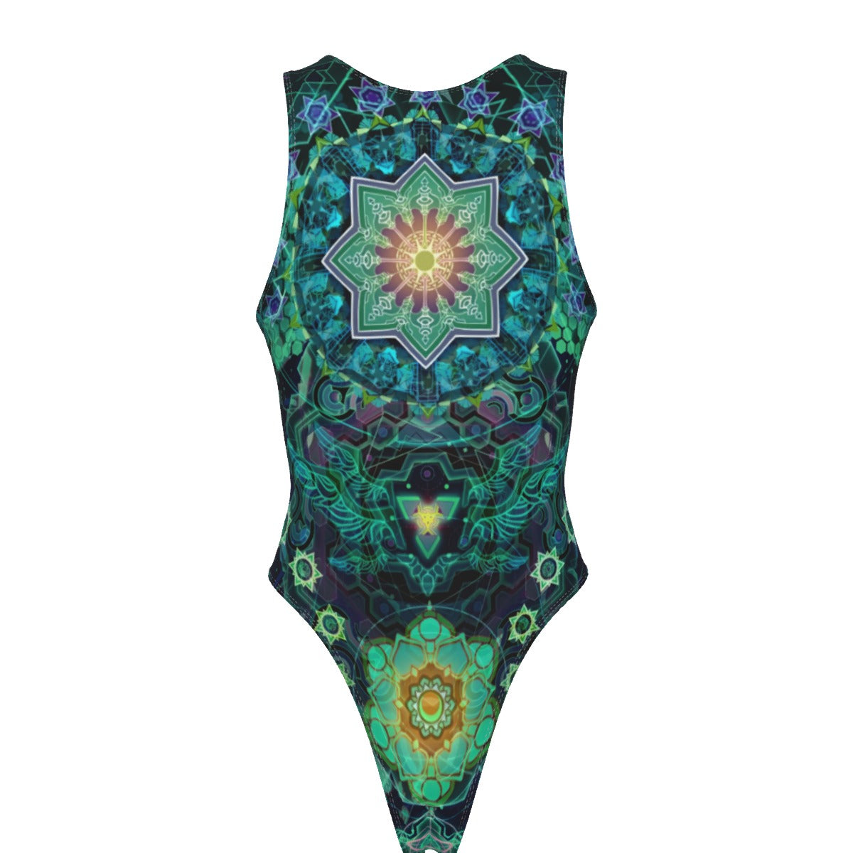 Yantric Geometry Tank Bodysuit, Sacred Mandala Energy Bodysuit, Mystic Geometric Light Bodysuit, Vibrant Spiritual Pattern Bodysuit, Celestial Yantra Bodysuit