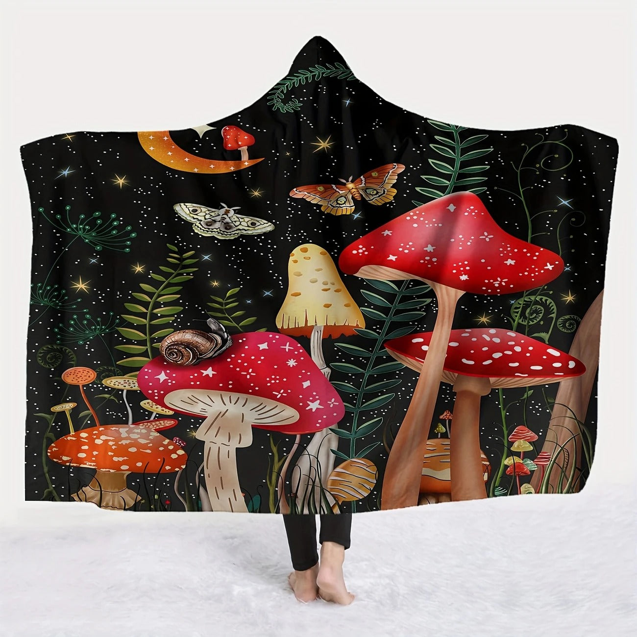 Mushroom Hooded Blanket, Magical Forest Fungi Design, Cozy Soft Warm Throw, Perfect Gift for Nature Lovers and Outdoor Use. BLKAC54