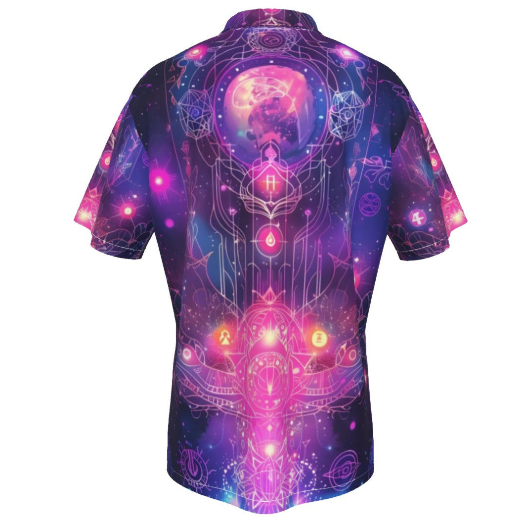 Cosmic Mysticism Hawaiian, Celestial Portal Hawaiian, Astral Light Symbol Hawaiian, Vibrant Metaphysical Galaxy Hawaiian, Spiritual Geometry Hawaiian