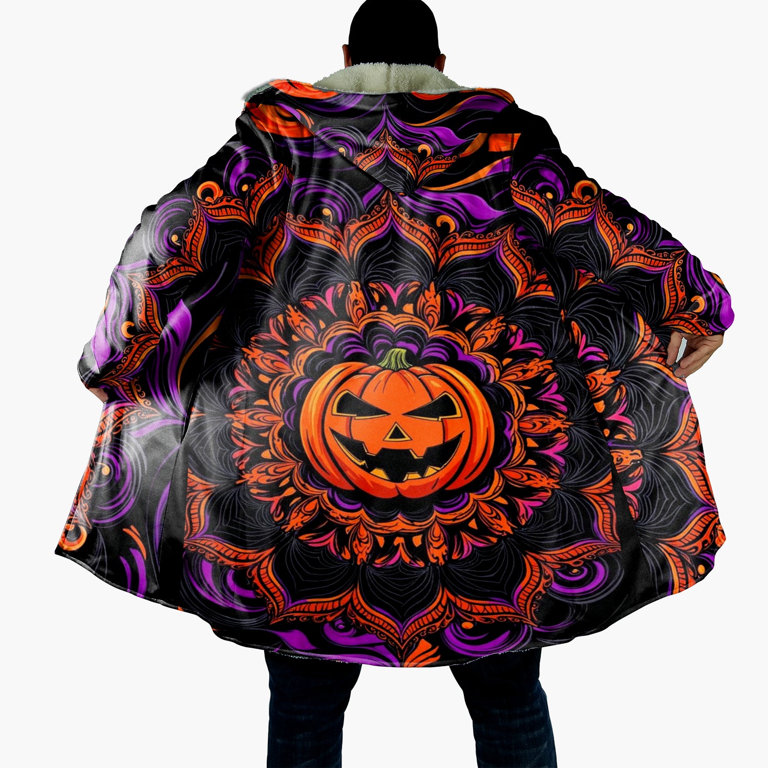 Pumpkin Mandala Magic Cloak, Halloween Jack-o’-Lantern Trench Coat, Spooky Mandala Art Costume, Halloween Costume Ideas