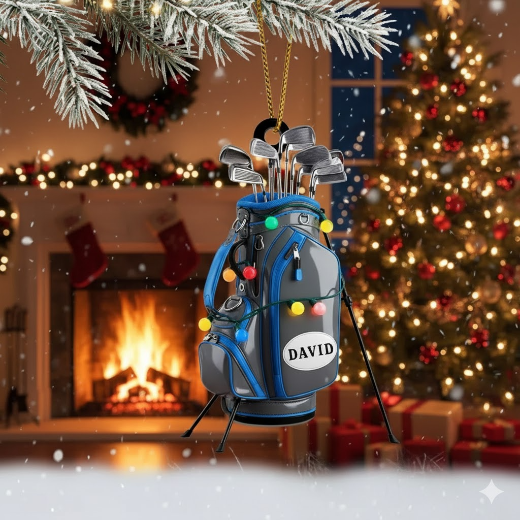 Custom Golf Bag Christmas Ornament with Lights, Personalized Golfer Gift, Flat Holiday Tree Decor for Golf Lovers