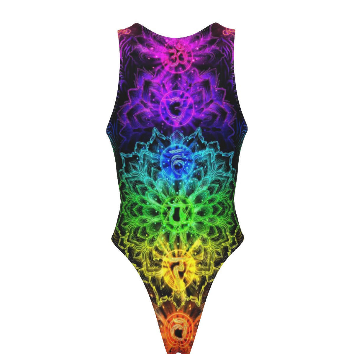 Sacred Chakra Mandala Tank Bodysuit, Vibrant Rainbow Energy Healing Swimsuit, Spiritual Energy Symbol, Colorful Sacred Geometry Tank Bodysuit, Mandala Tank Bodysuit