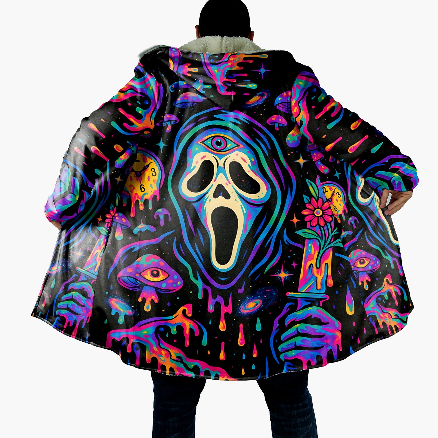 Psychedelic Halloween Mushrooms Cloak, Trippy Neon Mushroom Hooded Cape, Spooky Halloween Costume, Horror Festival Wear