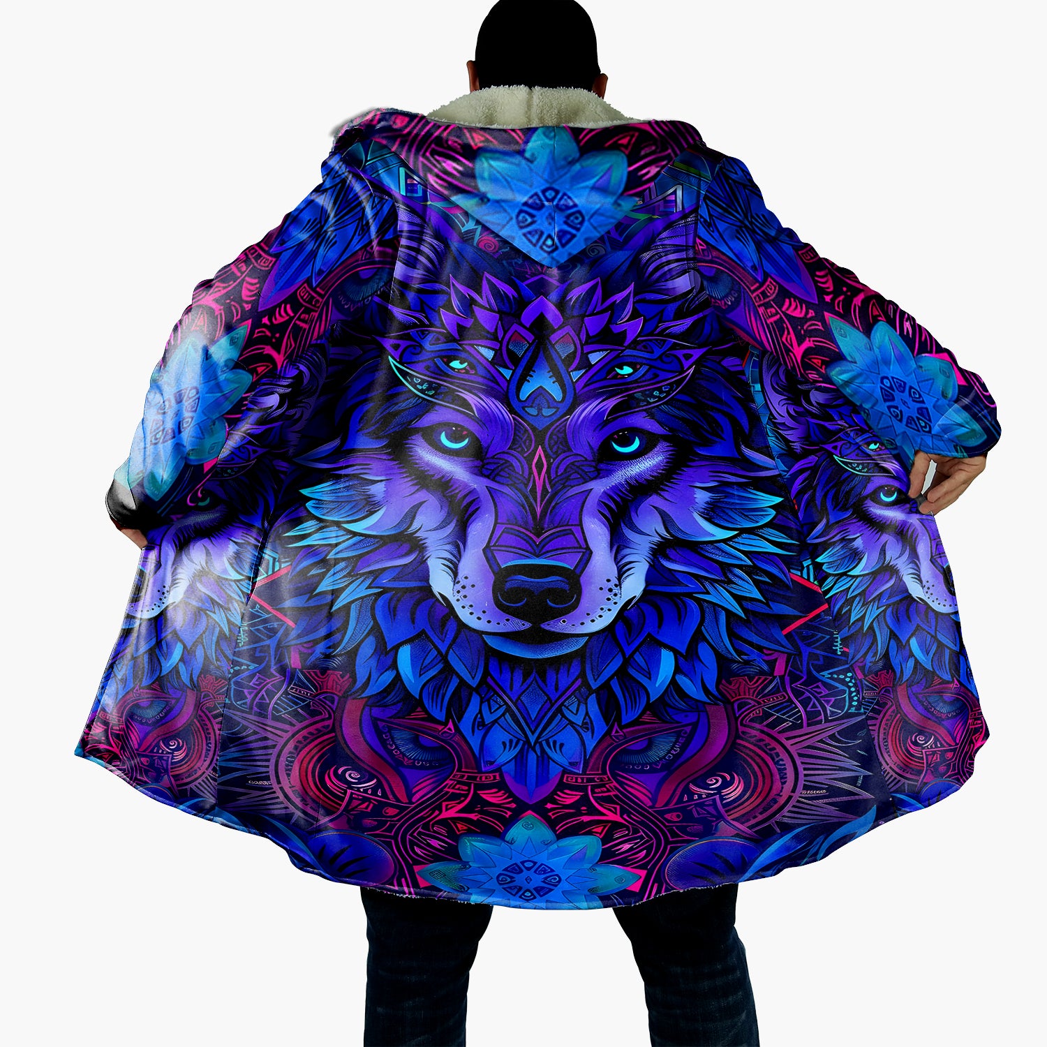 Wolf Mandala Hooded Cloak – Purple Tribal Animal Coat with Fleece Lining, Spiritual Boho Festival Jacket