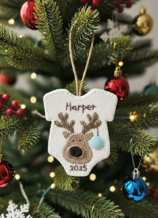 Personalized Reindeer Ornament, Newborn Ornament, Baby's First Keepsake, Handmade Ornament, Baby Shower Gift