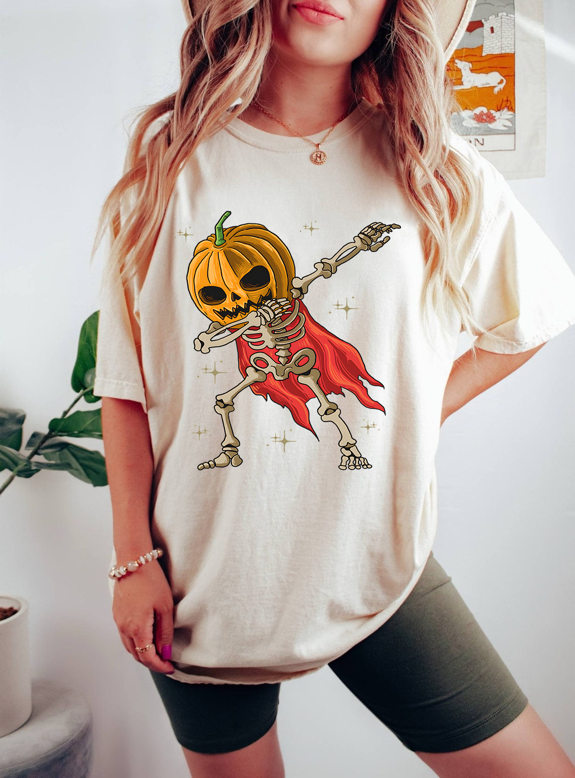 Funny Halloween Shirt, Dabbing Skeleton with Pumpkin Head, Spooky Season Oversized Graphic Tee, Unisex Fall Costume T-Shirt