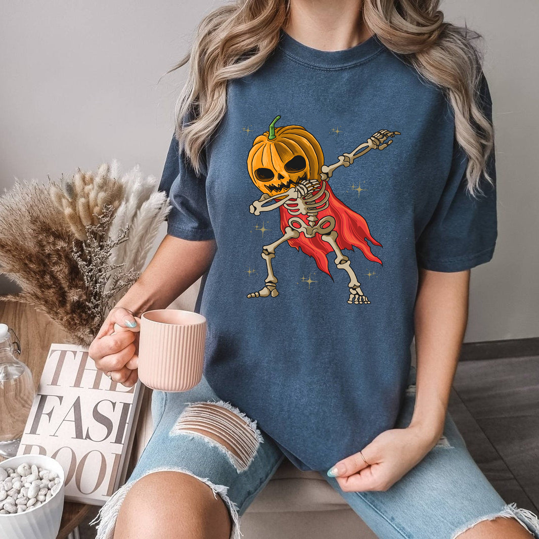 Funny Halloween Shirt, Dabbing Skeleton with Pumpkin Head, Spooky Season Oversized Graphic Tee, Unisex Fall Costume T-Shirt