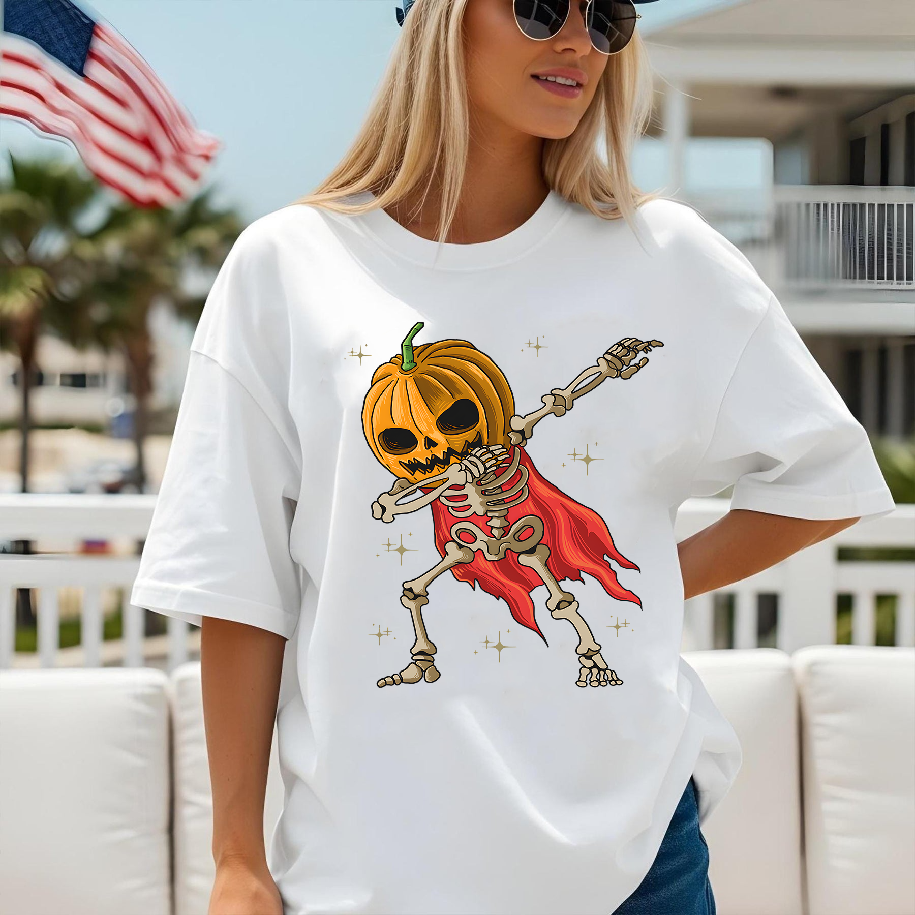 Funny Halloween Shirt, Dabbing Skeleton with Pumpkin Head, Spooky Season Oversized Graphic Tee, Unisex Fall Costume T-Shirt
