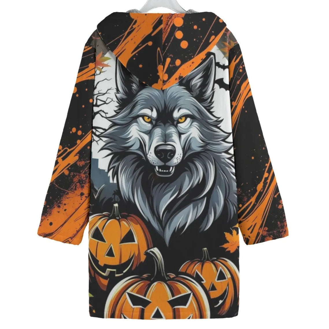 Howling Halloween Costumes Ideas Night Wolf Coat, Spooky Pumpkin Bat Gothic Trench Coat Halloween Outerwear, Scary Autumn Wolf Fashion