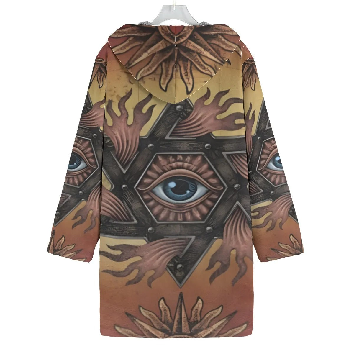 Mystic Eye Mandala Coat, Sacred Geometry Long Jacket, Visionary Art Spiritual Outerwear, Esoteric Boho Winter Fashion