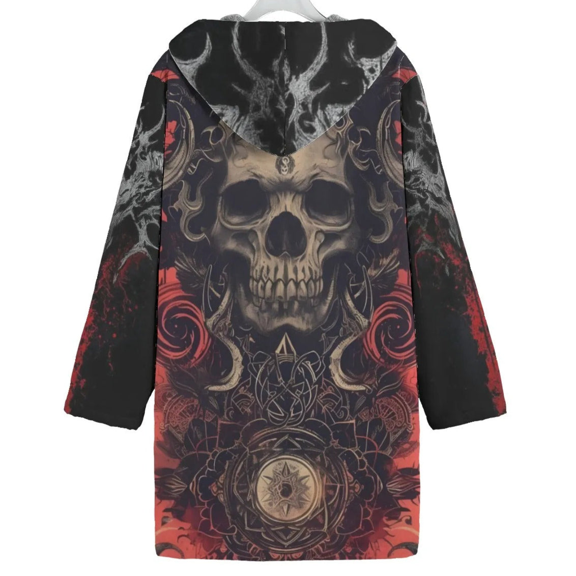 Halloween Costume Ideas. Infernal Mandala Skull Coat, Gothic Mandala Trench Coat, Spooky Occult Trench Jacket
