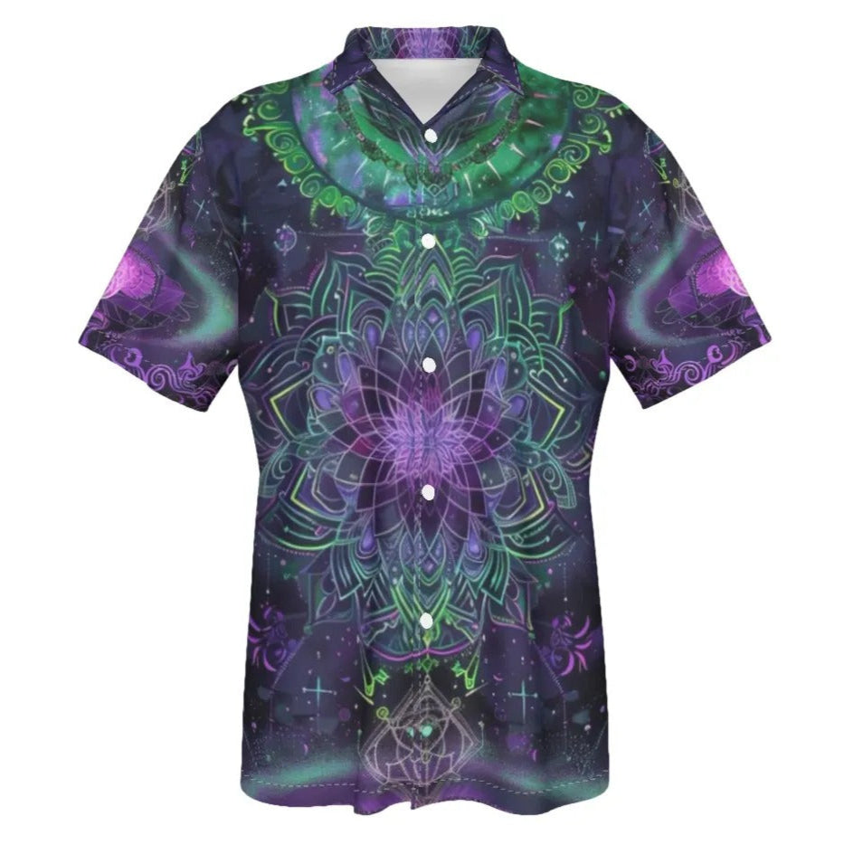 Mystic Aesthetic Hawaiian, Sacred Geometry Shirt, Purple Green Top, Psychedelic Beachwear, Spiritual Vacation Outfit, Boho Mystic Clothing, Festival Summer Shirt