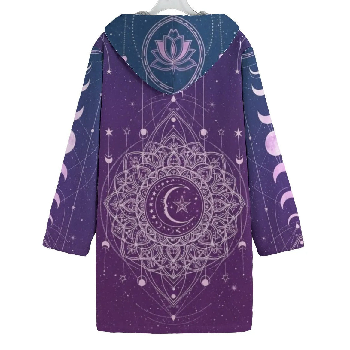Mystic Lunar Mandala Coat, Moon Phase Spiritual Jacket, Celestial Lotus Outerwear, Sacred Geometry Cosmic Coat, Boho Mystic Style