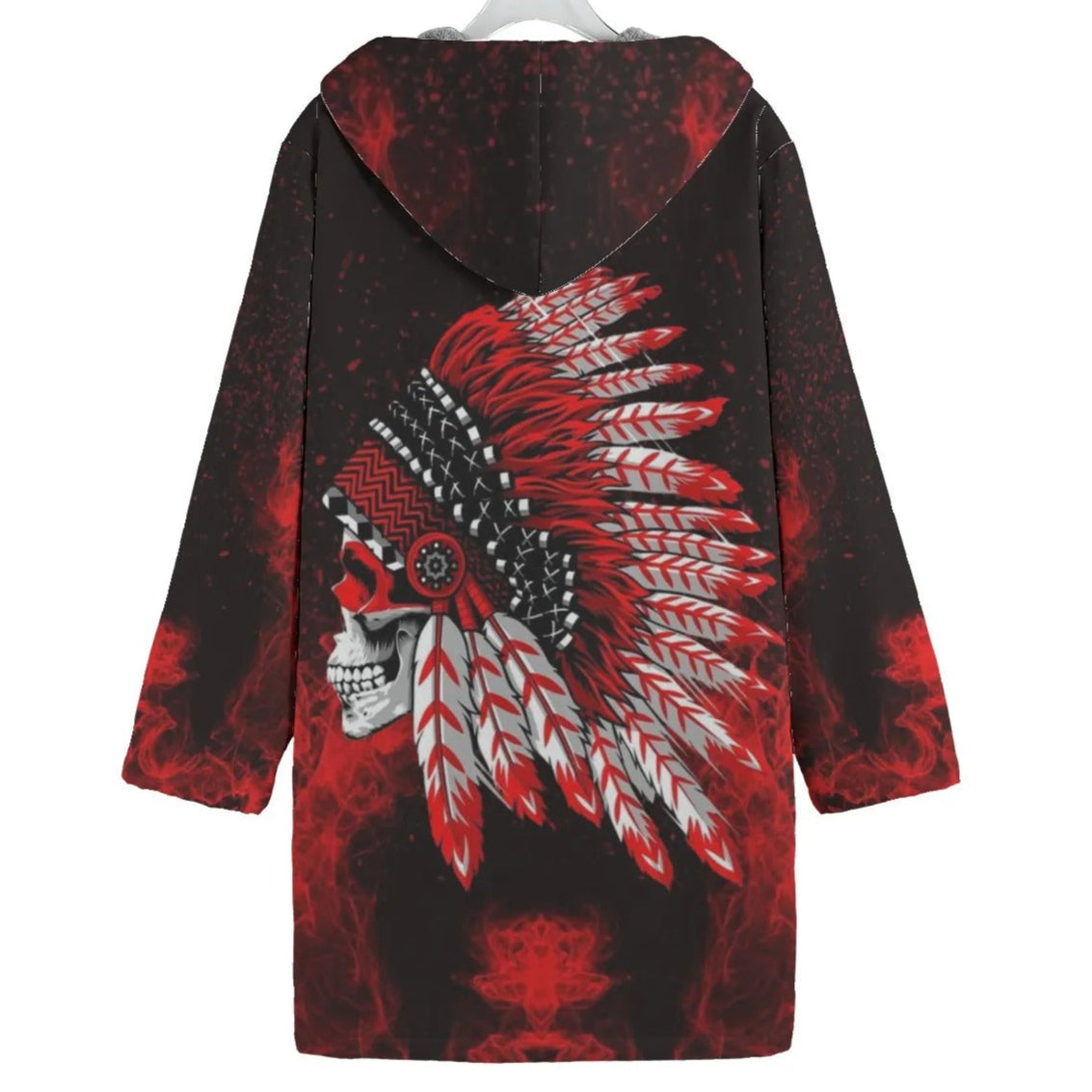 Native American Skull Coat, Red Feather Headdress Jacket, Tribal Gothic Outerwear, Red Smoke Graphic Coat, Warrior Biker Style