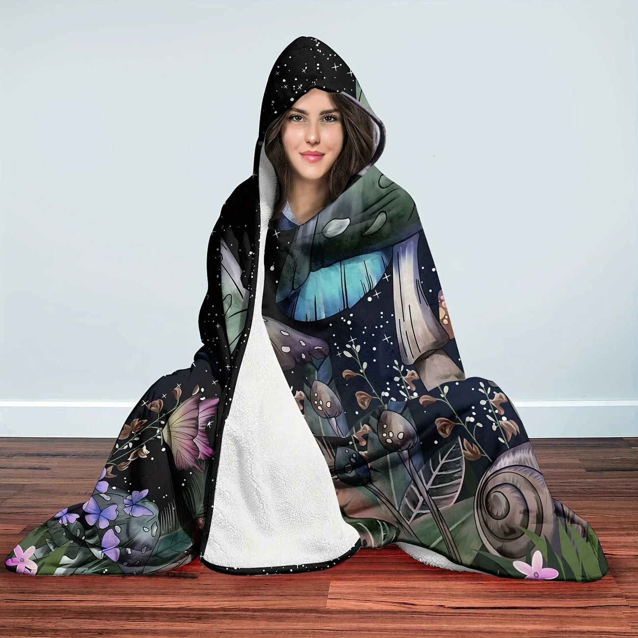 Mushroom Hooded Blanket, Enchanted Forest Magic Fungi Design, Cozy Soft Warm Throw, Perfect Gift for Nature Lovers and Outdoor Use. BLKAC55