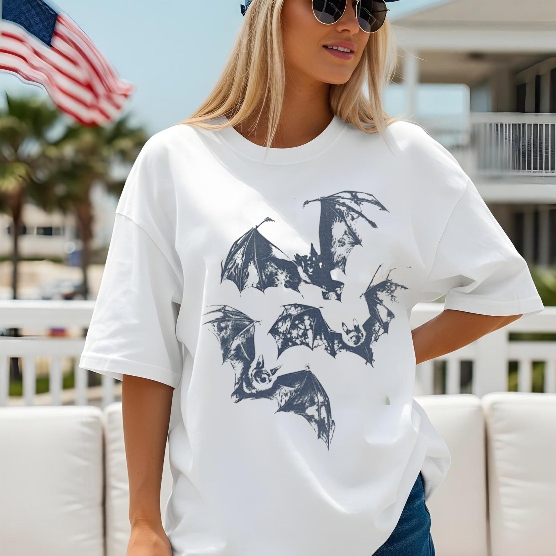 Halloween T Shirt, Three Bats Y2k T Shirt, Vintage 90s Style Bat Shirt, Washed Retro Halloween T Shirts For Adults