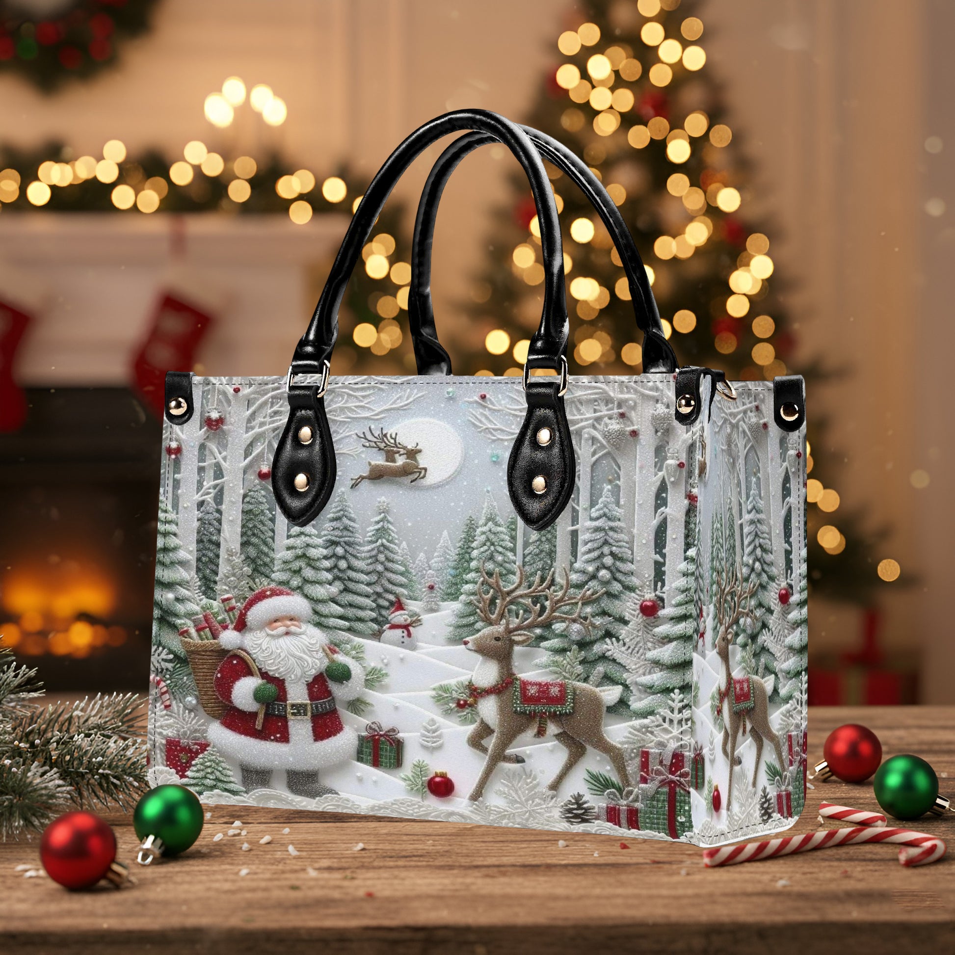 Santa Christmas Forest Handbag, Winter Wonderland Holiday Purse, Reindeer Gift Tote Bag, Festive Fashion Accessory