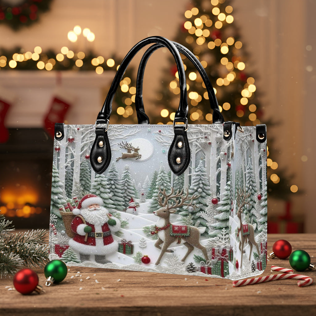 Santa Christmas Forest Handbag, Winter Wonderland Holiday Purse, Reindeer Gift Tote Bag, Festive Fashion Accessory