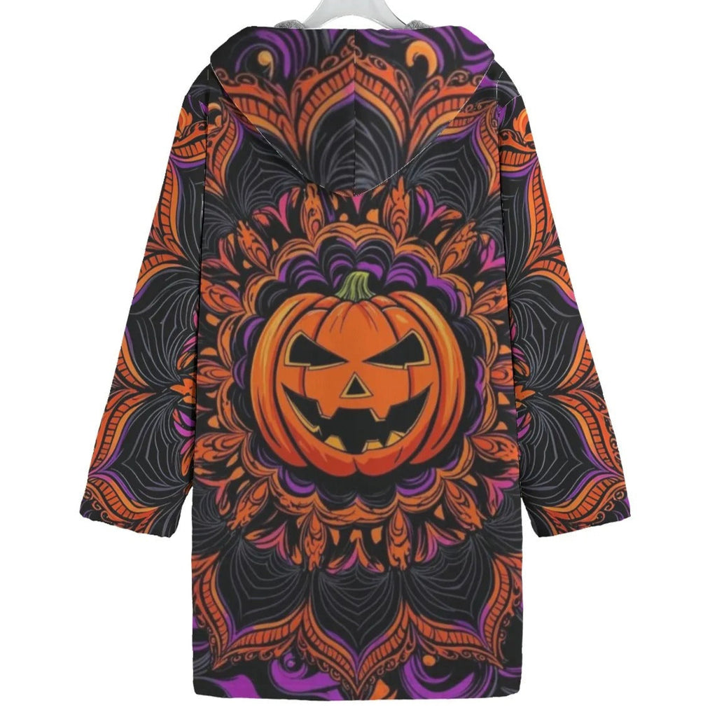 Pumpkin Mandala Magic Coat, Halloween Jack-o’-Lantern Gothic Jacket, Spooky Mandala Art Outerwear, Fall Festival Fashion