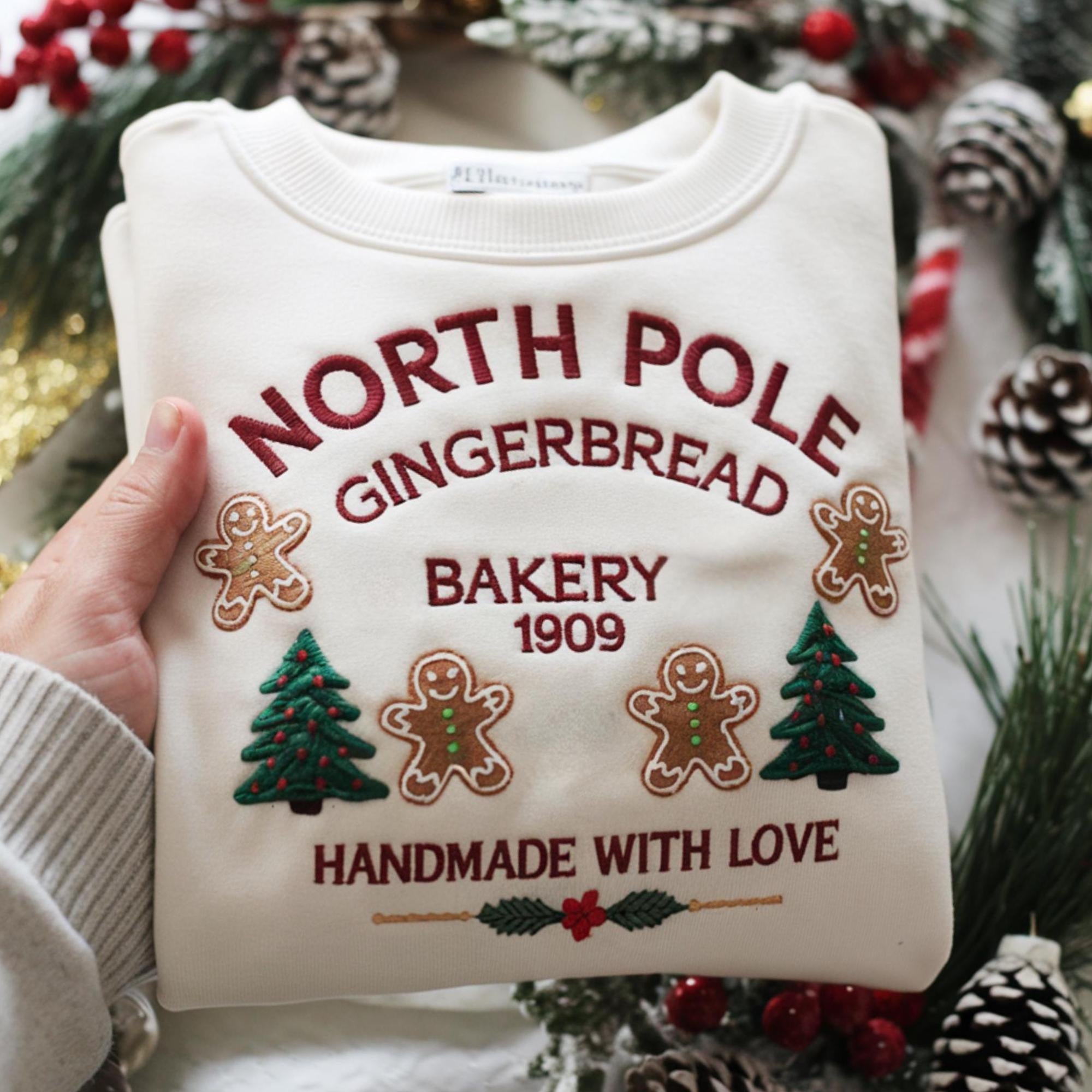 North Pole Gingerbread Embroidered Sweatshirt, Christmas Bakery Crewneck, Holiday Sweater, Cute Gingerbread Shirt, Xmas Gift for Her EBAC50