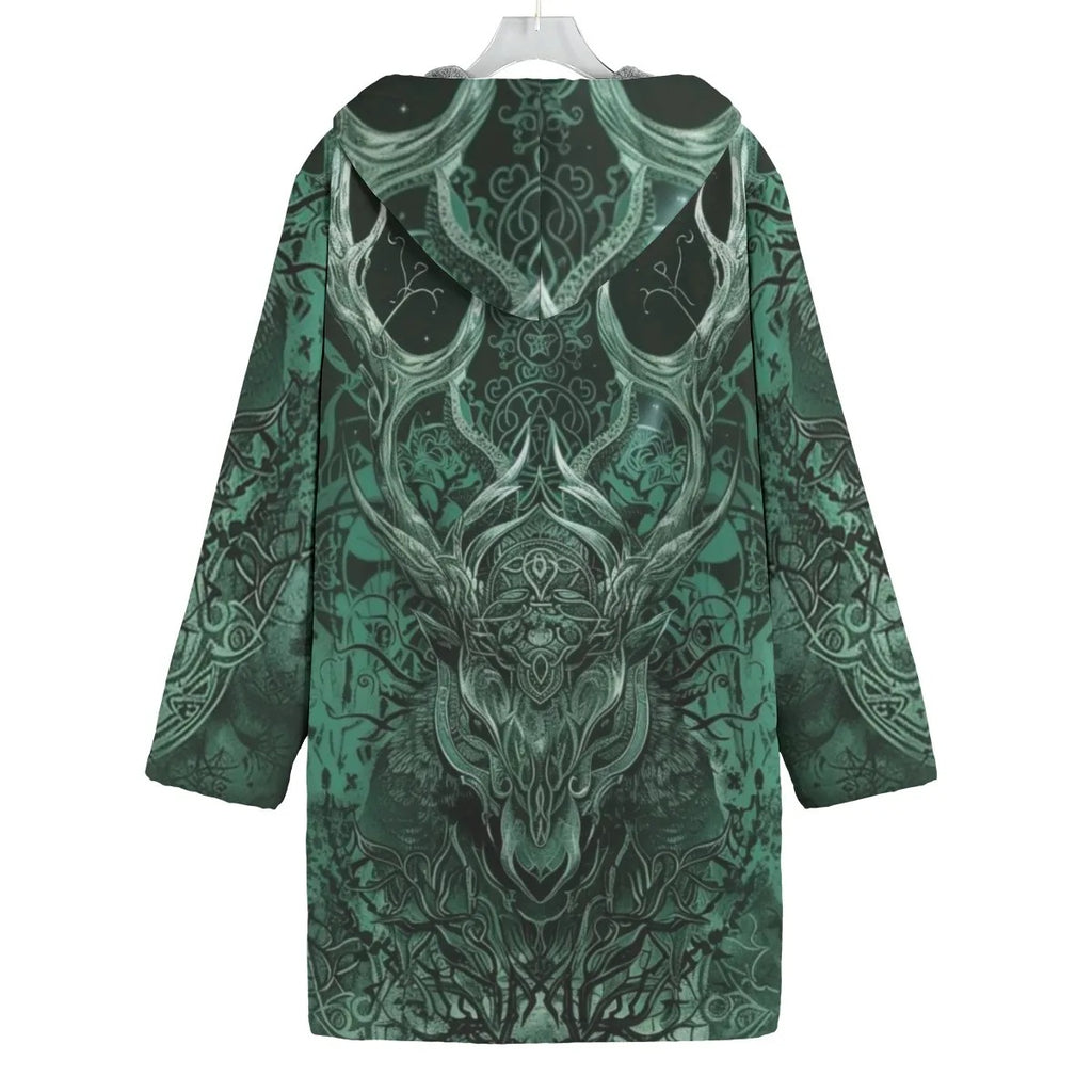 Viking Coat with Antler Design, Norse Mythology Inspired Hooded Cloak, Warm Fleece Lined, Medieval Fantasy Cosplay, Winter Cloak