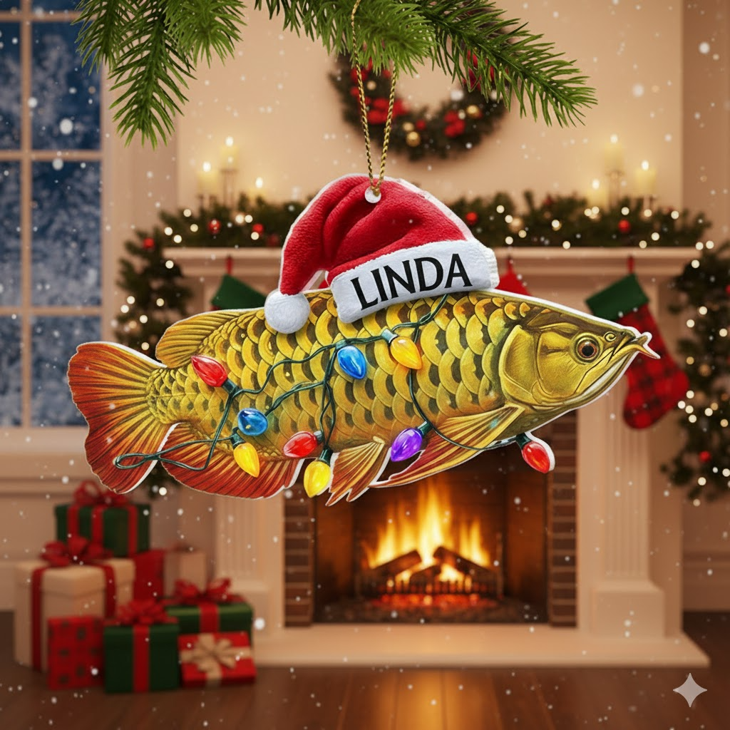 Custom Gold Arowana Ornament with Santa Hat, Personalized Fish Christmas Tree Decor, Gift for Fishermen and Aquarists