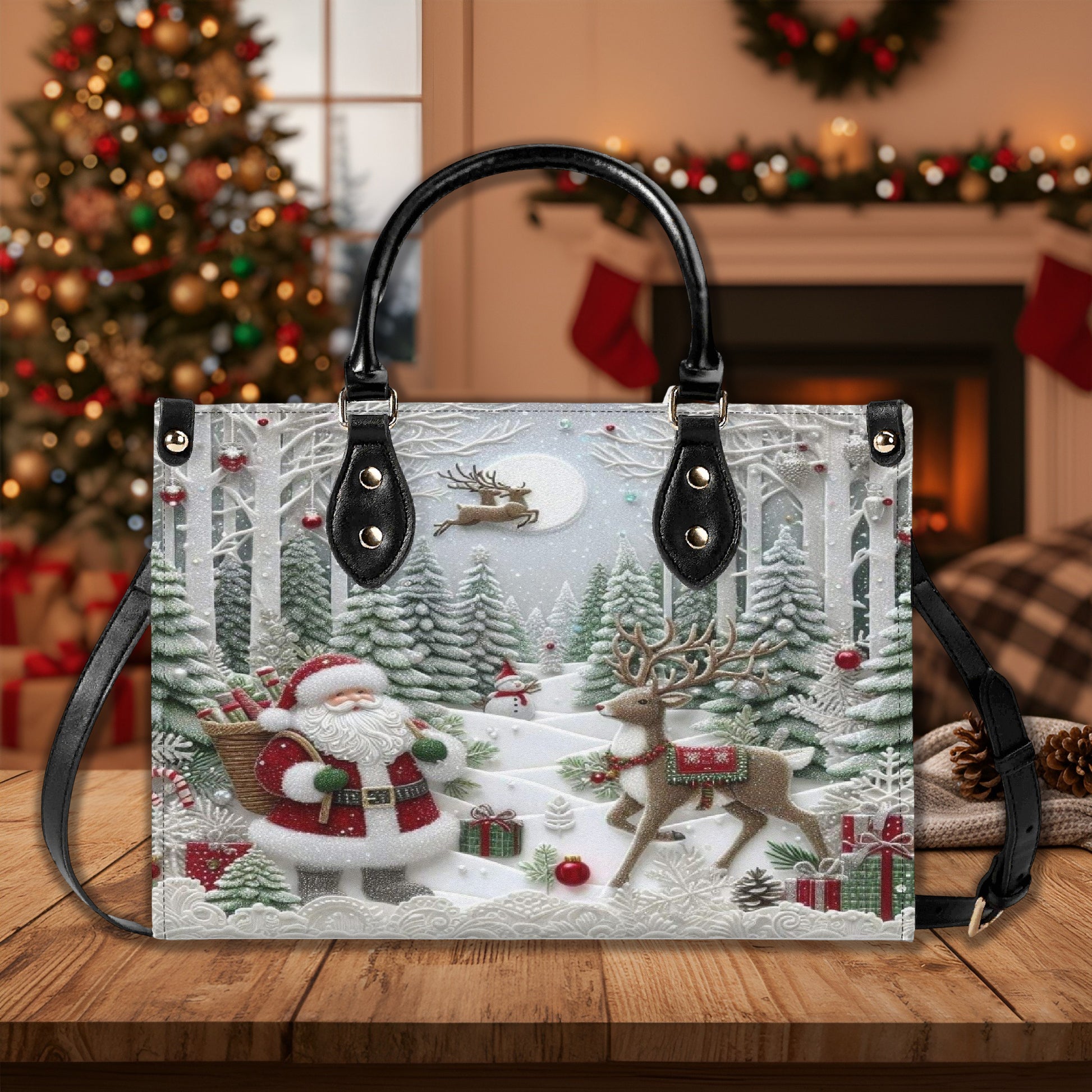 Santa Christmas Forest Handbag, Winter Wonderland Holiday Purse, Reindeer Gift Tote Bag, Festive Fashion Accessory