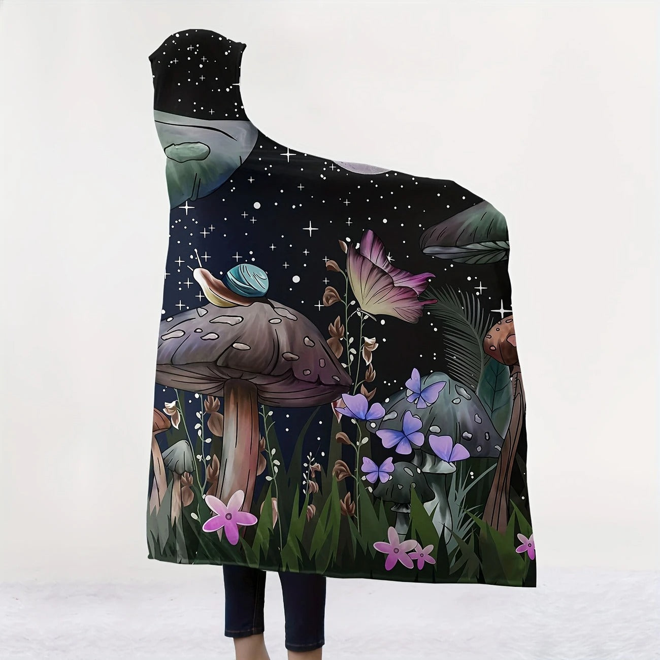 Mushroom Hooded Blanket, Enchanted Forest Magic Fungi Design, Cozy Soft Warm Throw, Perfect Gift for Nature Lovers and Outdoor Use. BLKAC55