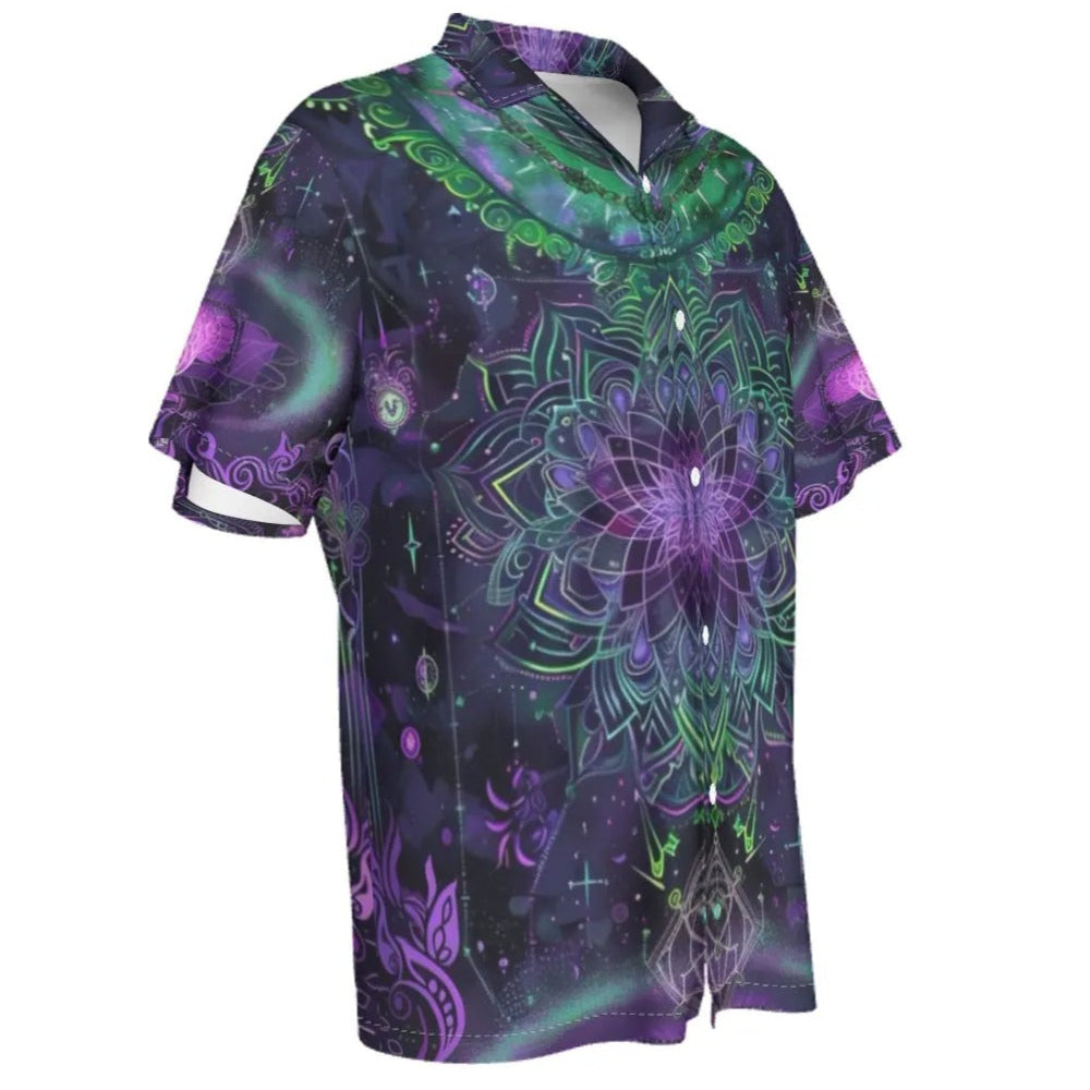 Mystic Aesthetic Hawaiian, Sacred Geometry Shirt, Purple Green Top, Psychedelic Beachwear, Spiritual Vacation Outfit, Boho Mystic Clothing, Festival Summer Shirt