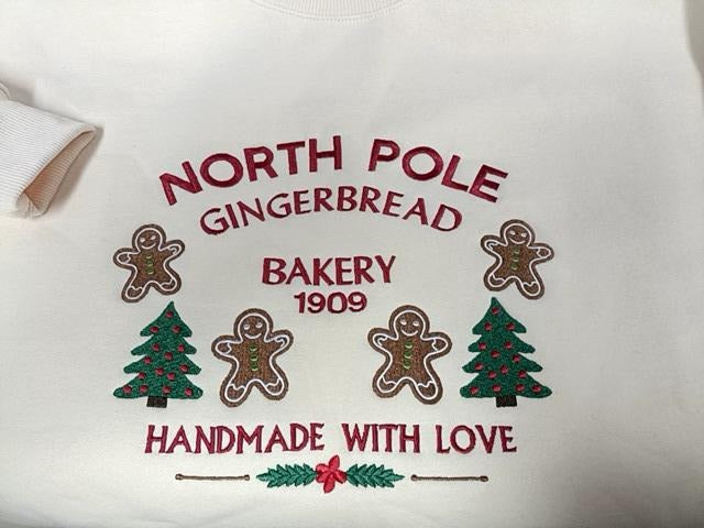 North Pole Gingerbread Embroidered Sweatshirt, Christmas Bakery Crewneck, Holiday Sweater, Cute Gingerbread Shirt, Xmas Gift for Her EBAC50