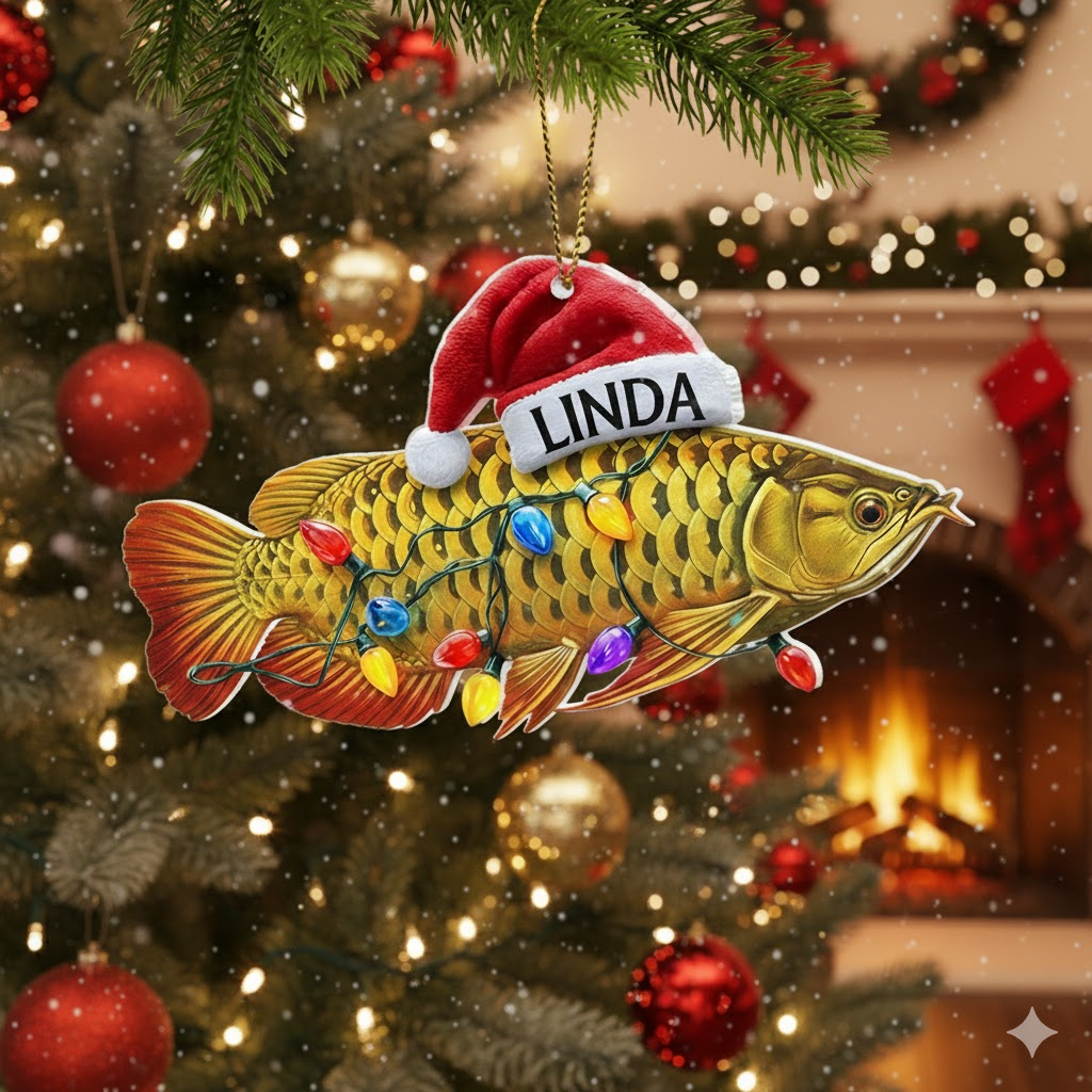 Custom Gold Arowana Ornament with Santa Hat, Personalized Fish Christmas Tree Decor, Gift for Fishermen and Aquarists