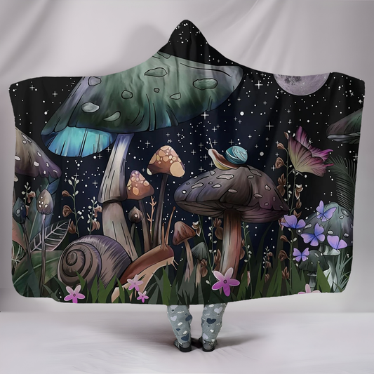 Mushroom Hooded Blanket, Enchanted Forest Magic Fungi Design, Cozy Soft Warm Throw, Perfect Gift for Nature Lovers and Outdoor Use. BLKAC55