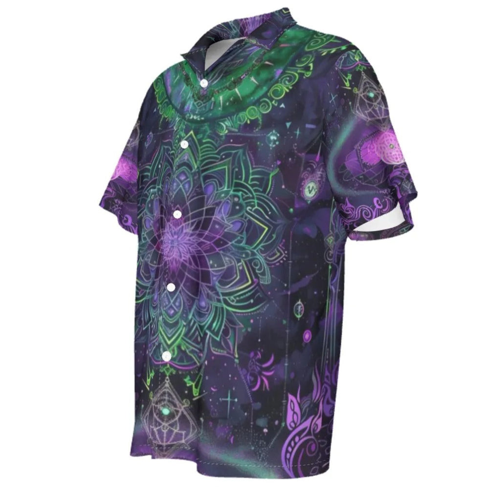 Mystic Aesthetic Hawaiian, Sacred Geometry Shirt, Purple Green Top, Psychedelic Beachwear, Spiritual Vacation Outfit, Boho Mystic Clothing, Festival Summer Shirt