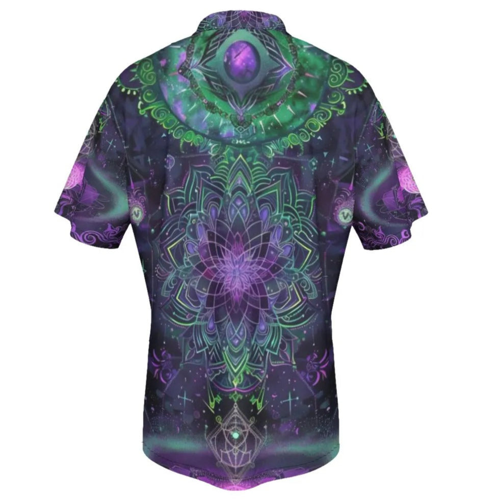 Mystic Aesthetic Hawaiian, Sacred Geometry Shirt, Purple Green Top, Psychedelic Beachwear, Spiritual Vacation Outfit, Boho Mystic Clothing, Festival Summer Shirt