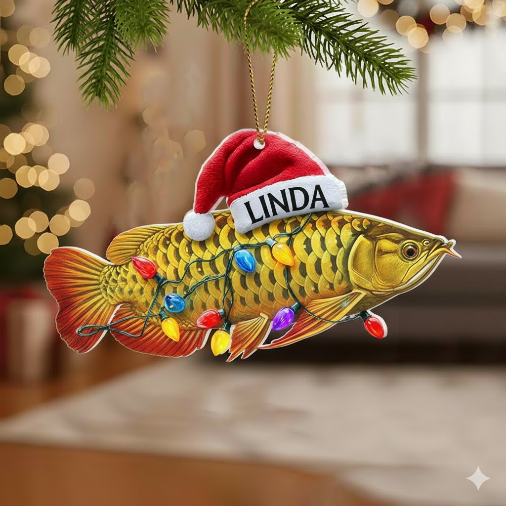 Custom Gold Arowana Ornament with Santa Hat, Personalized Fish Christmas Tree Decor, Gift for Fishermen and Aquarists