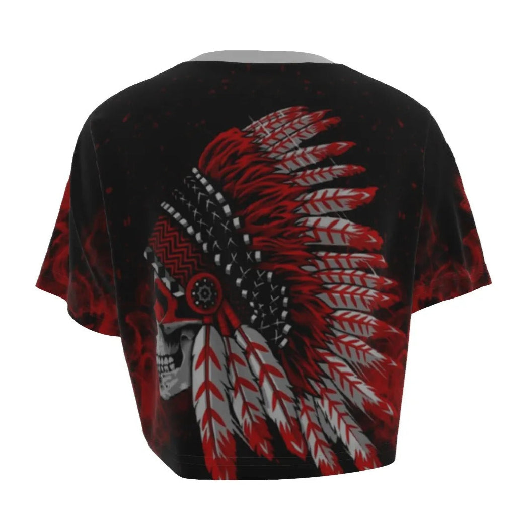 Native American Skull Crop Top, Red Feather Headdress Shirt, Tribal Gothic Short Top, Red Smoke Graphic Tee, Warrior Biker Style