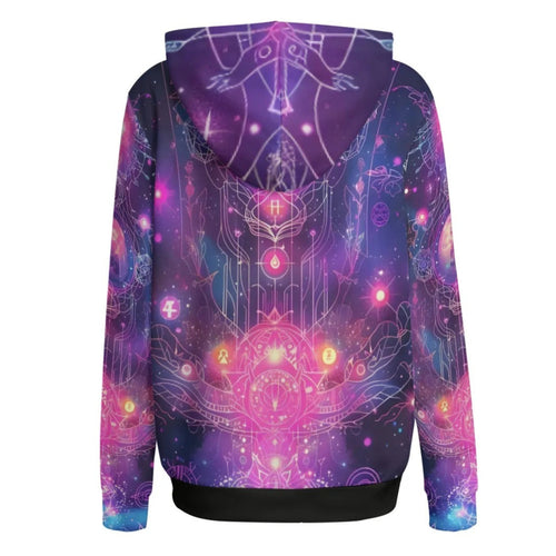 Cosmic Mysticism Women Hoodie, Galaxy Print Hoodie, Psychedelic Pullover, Magic Symbols Sweatshirt, Spiritual Festival Wear, Boho Mystic Clothing, Colorful Hooded Top