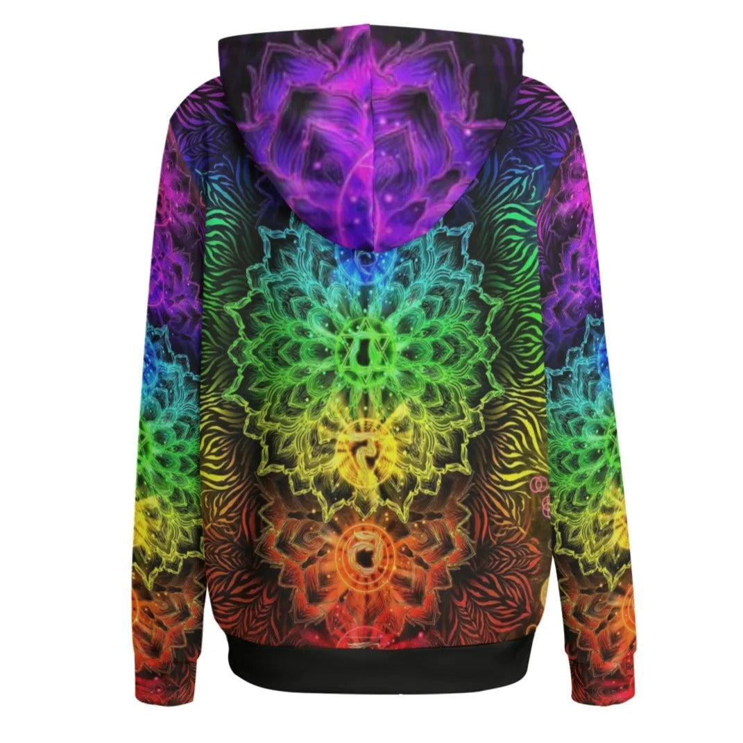 Sacred Chakras Women Hoodie, Rainbow Chakra Hoodie, Spiritual Energy Sweatshirt, Psychedelic Festival Wear, Boho Mystic Clothing, Healing Symbol Fashion