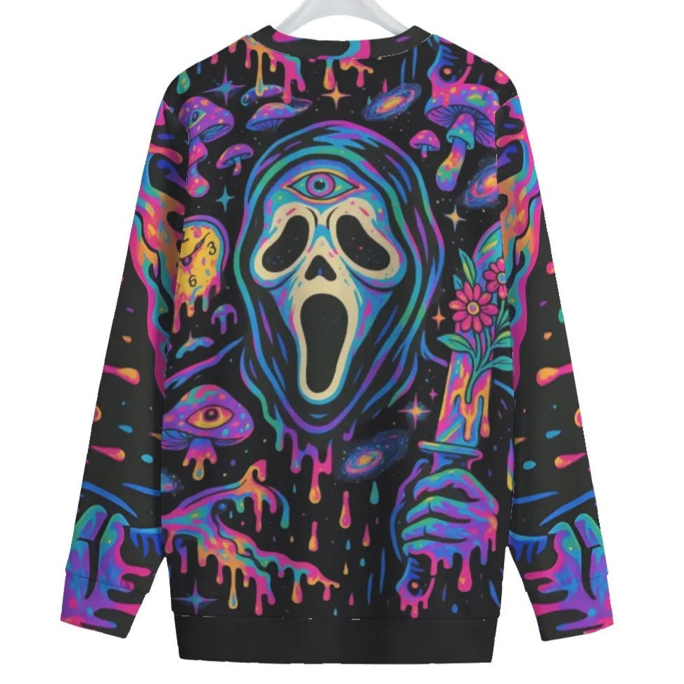 Psychedelic Halloween Costume Ideas Mushrooms Women’s Sweater, Couples Halloween Costumes, Neon Trippy Mushroom Knitwear, Spooky Halloween Pullover, Horror Art Fashion