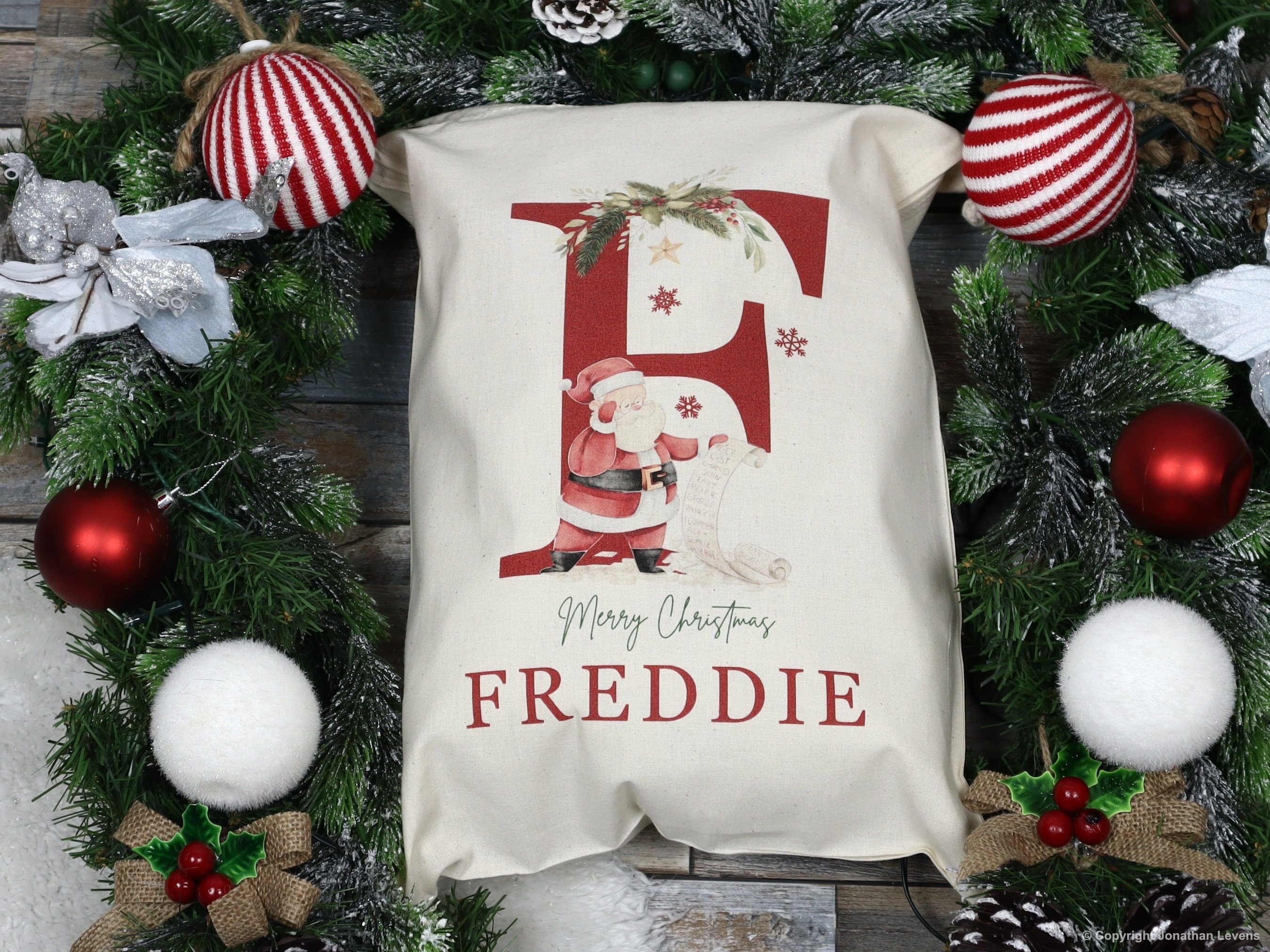 Personalized Santa Sack, Christmas Gift Bag with Initial & Name, Santa Claus Print Holiday Bag, Custom Xmas Present Bag for Kids