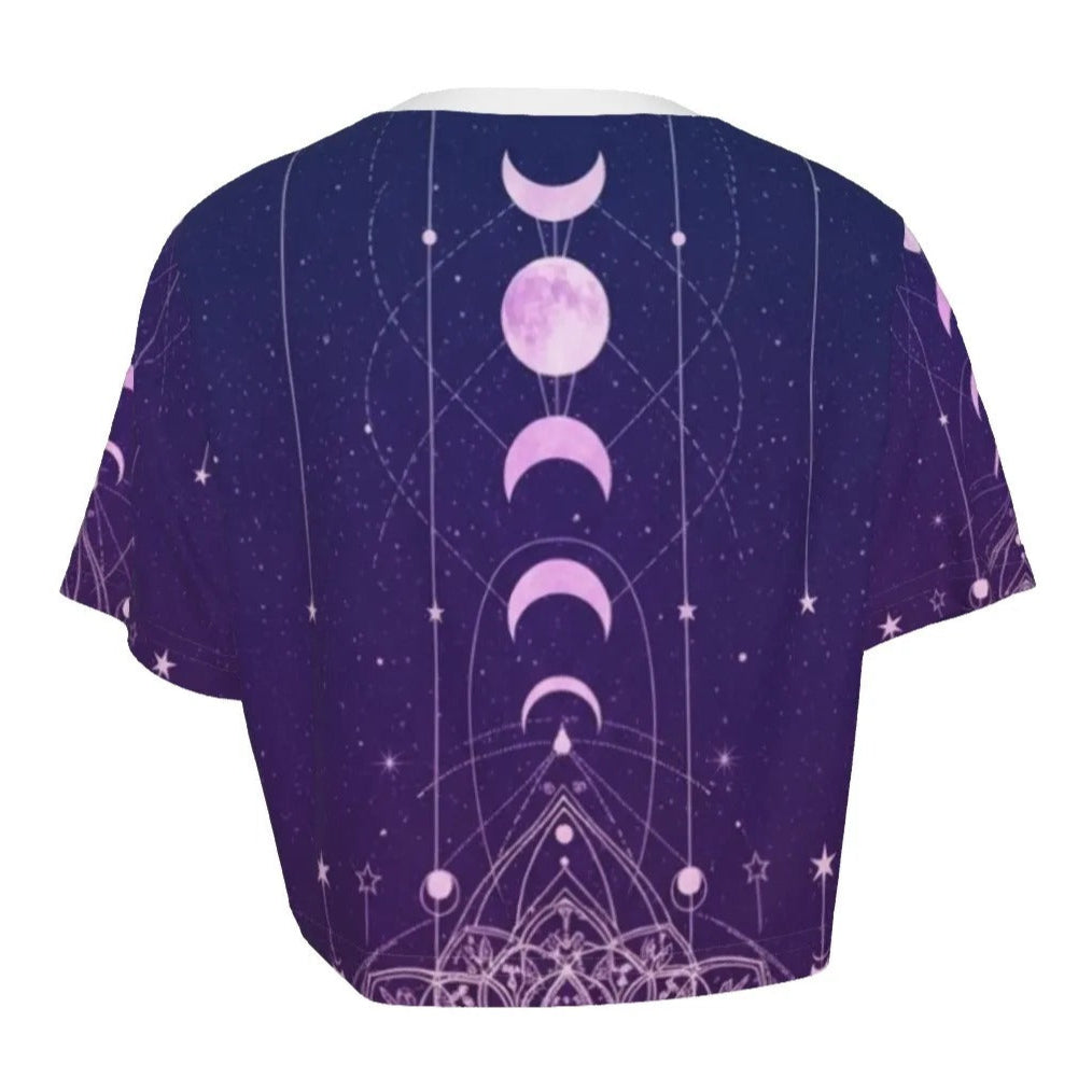 Mystic Lunar Mandala Crop Top, Moon Phase Spiritual Shirt, Celestial Lotus Short Top, Sacred Geometry Cosmic Wear, Boho Mystic Style