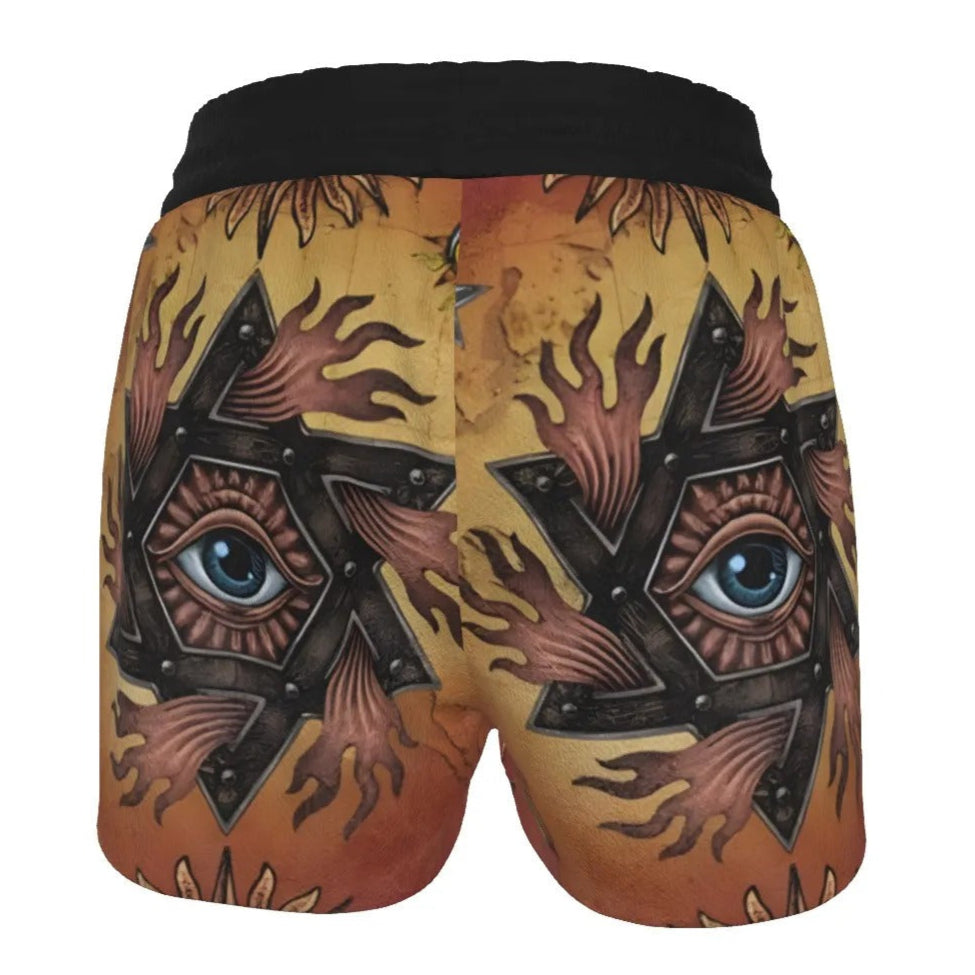 Women’s Mystic Mandala Shorts, Sacred Geometry Cosmic Eye Boho Bottoms, Psychedelic Sun Spiritual Festival Clothing