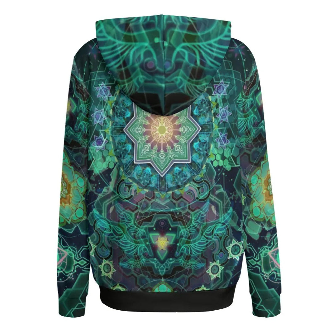 Yantric Geometry Women Hoodie, Sacred Geometry Hoodie, Green Mandala Art Sweatshirt, Psychedelic Pullover, Spiritual Festival Wear, Boho Meditation Clothing, Mystic Fashion