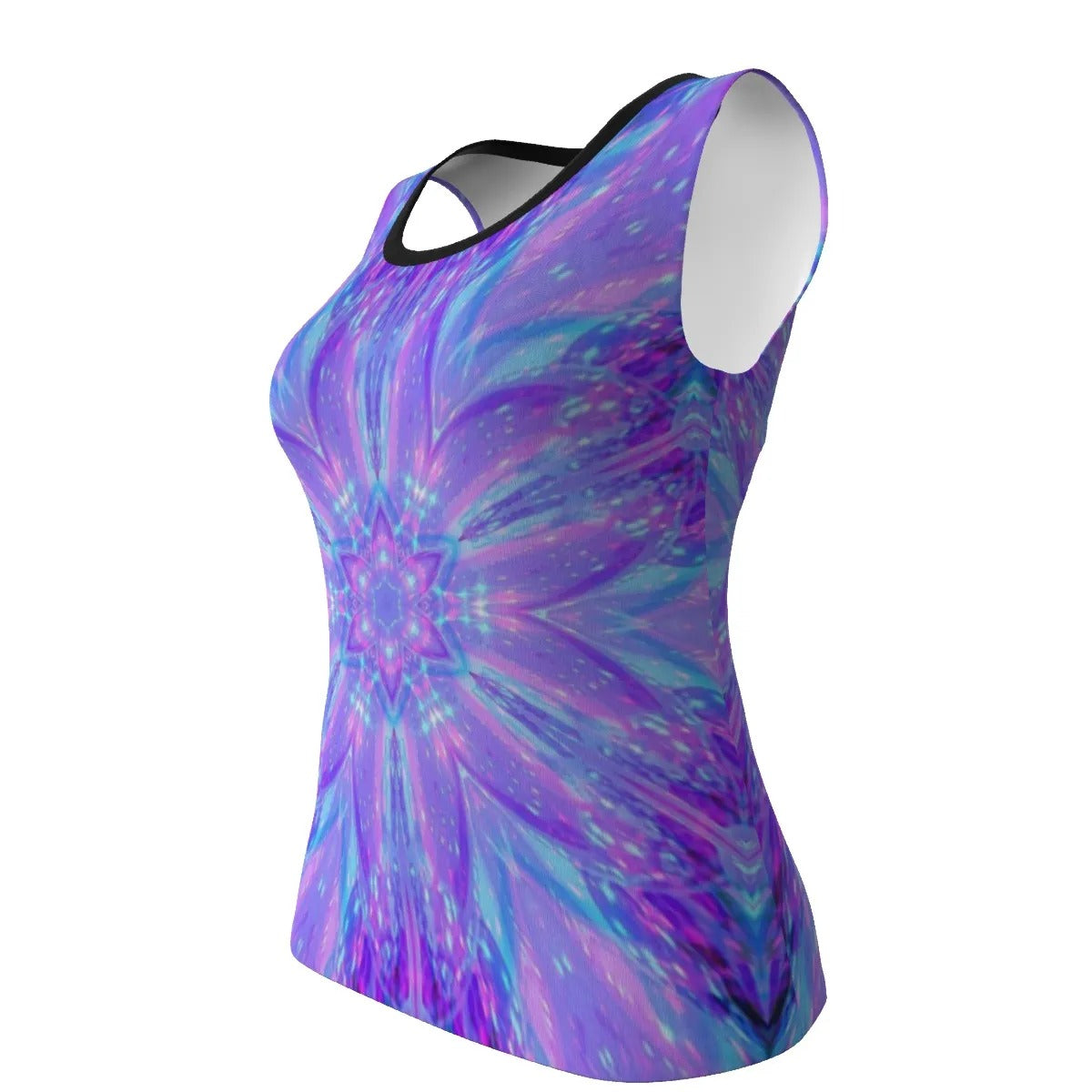 Kaleio Galaxy Women’s Tank Top, Trippy Psychedelic Space Shirt, Holographic Mandala Festival Wear, Cosmic Rave Sleeveless Tee