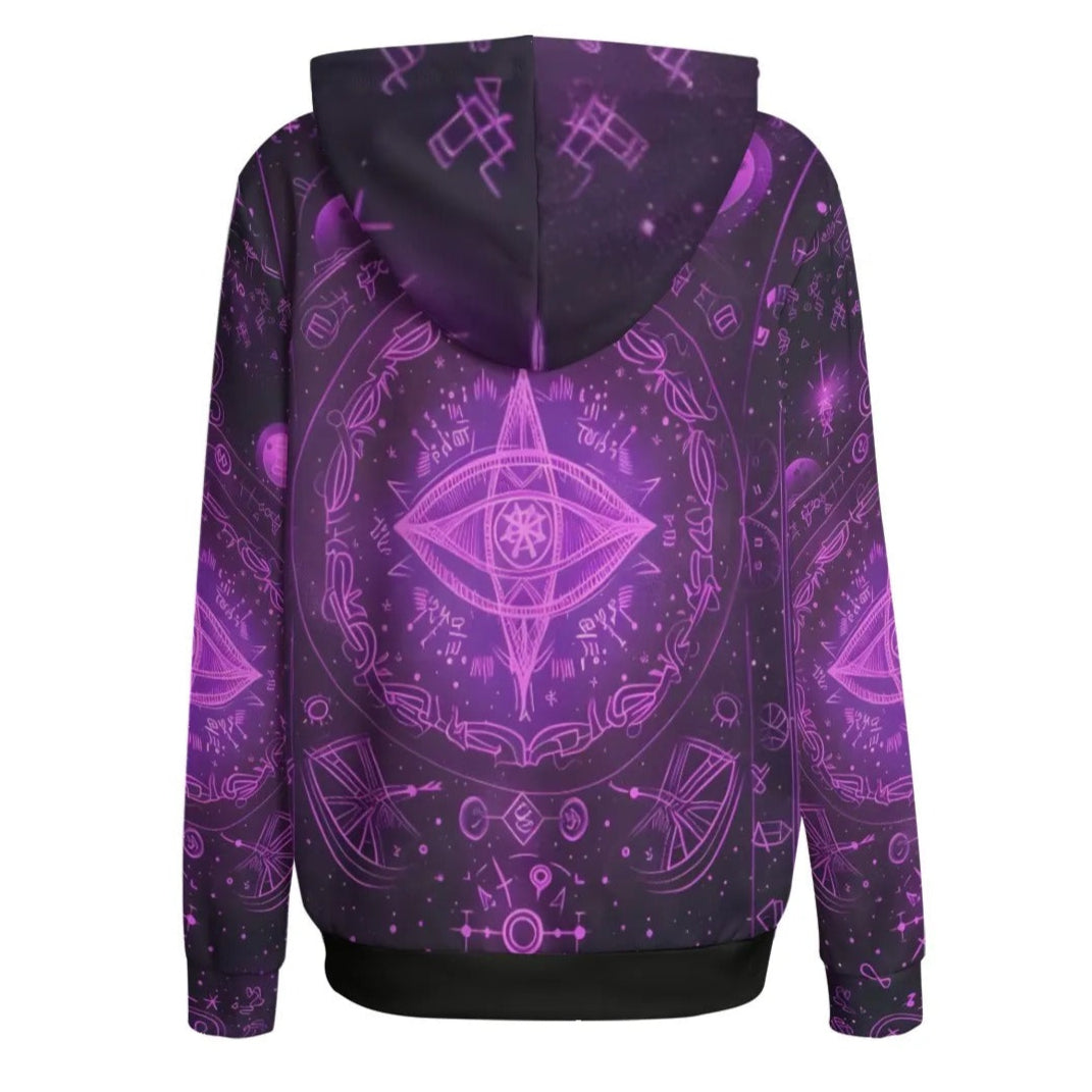 Mystical Fantasy Women Hoodie, All Seeing Eye Hoodie, Purple Magic Symbols Sweatshirt, Psychedelic Pullover, Spiritual Festival Wear, Witchcore Clothing, Boho Mystic Fashion